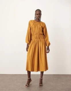 ARRANGE Cotton Smock Midi Dress In Rust For Women