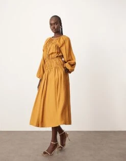 ARRANGE Cotton Smock Midi Dress In Rust For Women -ARANG Clothing Shop 207515720 4