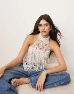 ARRANGE Embellished Encrusted Pearl Asymmetric Halter Top In White For Women