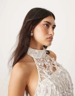 ARRANGE Embellished Encrusted Pearl Asymmetric Halter Top In White For Women -ARANG Clothing Shop 207515730 3