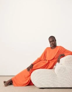 ARRANGE Soft Pleat Maxi Dress With Hardware Detail In Red For Women -ARANG Clothing Shop 207515740 2