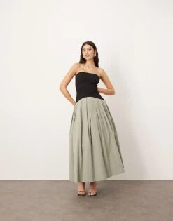 ARRANGE Bandeau Drop Waist Maxi Dress With Contrast Detail In Black And Sage For Women Black / Sage -ARANG Clothing Shop 207547484 1 blacksage 1
