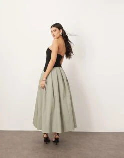 ARRANGE Bandeau Drop Waist Maxi Dress With Contrast Detail In Black And Sage For Women Black / Sage -ARANG Clothing Shop 207547484 4