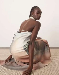 ARRANGE Soft Halterneck Maxi Dress In Orchid Flower Print For Women -ARANG Clothing Shop 207547991 2