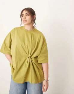 ARRANGE Curve Jersey Knot Detail T-shirt In Olive For Women Sage -ARANG Clothing Shop 207548184 1 sage 1