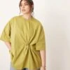 ARRANGE Curve Jersey Knot Detail T-shirt In Olive For Women Sage -ARANG Clothing Shop 207548184 1 sage