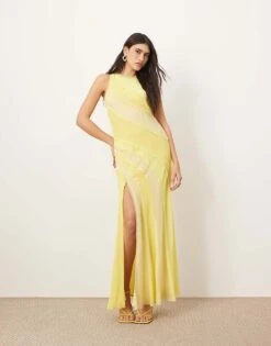 ARRANGE Racer Neck Raw Edge Panelled Maxi Dress In Yellow For Women