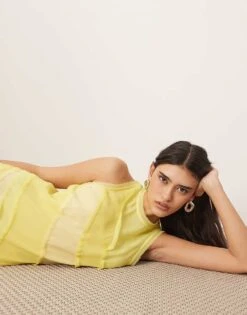 ARRANGE Racer Neck Raw Edge Panelled Maxi Dress In Yellow For Women -ARANG Clothing Shop 207557035 3