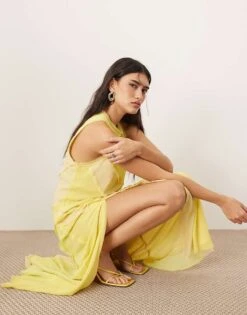 ARRANGE Racer Neck Raw Edge Panelled Maxi Dress In Yellow For Women -ARANG Clothing Shop 207557035 4