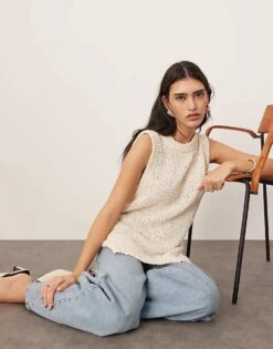 ARRANGE Boucle Open Knit Longline Vest Top In Off White For Women -ARANG Clothing Shop 207557066 1 offwhite 1