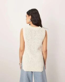 ARRANGE Boucle Open Knit Longline Vest Top In Off White For Women -ARANG Clothing Shop 207557066 4