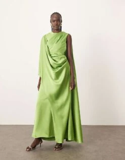 ARRANGE Satin Ultimate Draped Shoulder Maxi Dress With Back Detail In Bright Green For Women -ARANG Clothing Shop 207557126 1 brightgreen 1