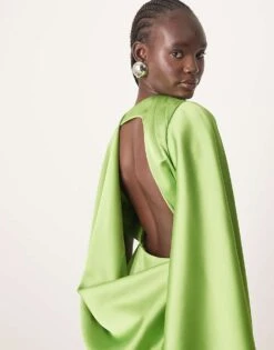 ARRANGE Satin Ultimate Draped Shoulder Maxi Dress With Back Detail In Bright Green For Women -ARANG Clothing Shop 207557126 2