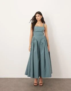 ARRANGE Strappy Ruched Bodice Full Skirt Maxi Dress In Dusky Blue For Women -ARANG Clothing Shop 207596425 1 duskyblue 1