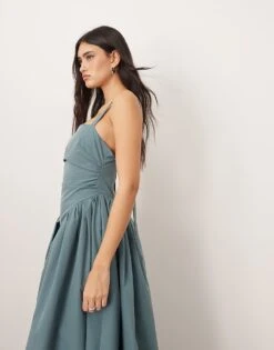 ARRANGE Strappy Ruched Bodice Full Skirt Maxi Dress In Dusky Blue For Women -ARANG Clothing Shop 207596425 3