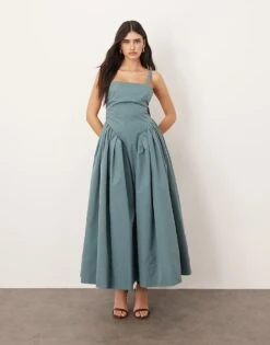 ARRANGE Strappy Ruched Bodice Full Skirt Maxi Dress In Dusky Blue For Women -ARANG Clothing Shop 207596425 5