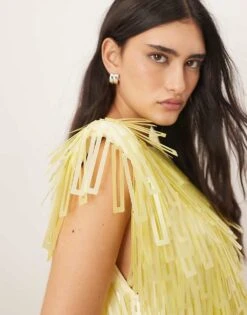 ARRANGE Embellished Geo Sequin Shoulder Pad Midi Dress In Lemon For Women -ARANG Clothing Shop 207596445 3