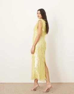 ARRANGE Embellished Geo Sequin Shoulder Pad Midi Dress In Lemon For Women -ARANG Clothing Shop 207596445 4