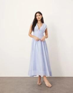 ARRANGE Organza Pleat Waist Midi Dress With Tie Back Detail In Light Blue For Women