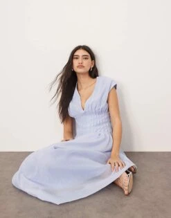 ARRANGE Organza Pleat Waist Midi Dress With Tie Back Detail In Light Blue For Women -ARANG Clothing Shop 207596446 3