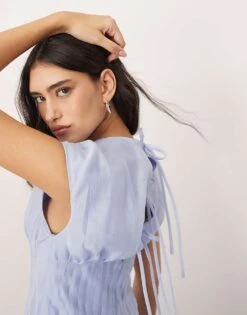 ARRANGE Organza Pleat Waist Midi Dress With Tie Back Detail In Light Blue For Women -ARANG Clothing Shop 207596446 4