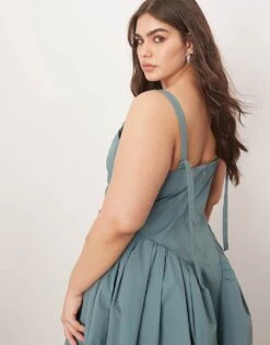 ARRANGE Curve Strappy Ruched Bodice Full Skirt Maxi Dress In Dusky Blue For Women -ARANG Clothing Shop 207596523 2