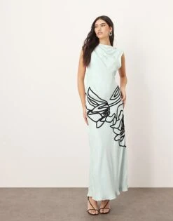 ARRANGE Linear Floral Asymmetric Column Maxi Dress In Light Blue For Women -ARANG Clothing Shop 207599844 1 lightblue 1