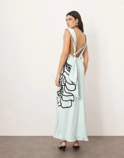 ARRANGE Linear Floral Asymmetric Column Maxi Dress In Light Blue For Women -ARANG Clothing Shop 207599844 3