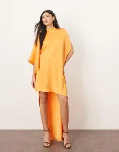 ARRANGE High Neck Cape Sleeve Mini Dress With Asymmetric Hem In Apricot For Women