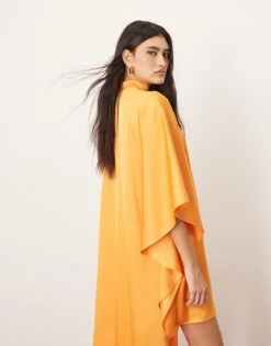 ARRANGE High Neck Cape Sleeve Mini Dress With Asymmetric Hem In Apricot For Women -ARANG Clothing Shop 207601352 3