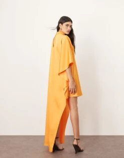 ARRANGE High Neck Cape Sleeve Mini Dress With Asymmetric Hem In Apricot For Women -ARANG Clothing Shop 207601352 4