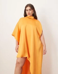 ARRANGE Curve High Neck Cape Sleeve Mini Dress With Asymmetric Hem In Bright Apricot For Women -ARANG Clothing Shop 207601524 1 brightapricot 1