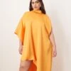 ARRANGE Curve High Neck Cape Sleeve Mini Dress With Asymmetric Hem In Bright Apricot For Women -ARANG Clothing Shop 207601524 1 brightapricot