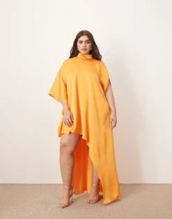 ARRANGE Curve High Neck Cape Sleeve Mini Dress With Asymmetric Hem In Bright Apricot For Women -ARANG Clothing Shop 207601524 2
