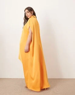 ARRANGE Curve High Neck Cape Sleeve Mini Dress With Asymmetric Hem In Bright Apricot For Women -ARANG Clothing Shop 207601524 3