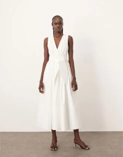 ARRANGE Premium Textured Midi Dress With V Front In White For Women -ARANG Clothing Shop 207616084 2