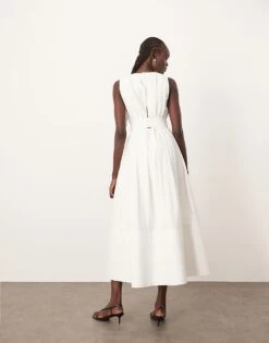 ARRANGE Premium Textured Midi Dress With V Front In White For Women -ARANG Clothing Shop 207616084 4