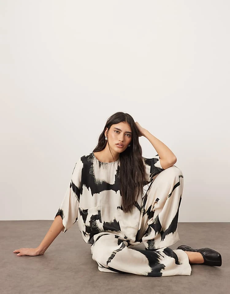 ARRANGE Satin Oversized T-shirt And Trouser Co-ord In Mono Abstract Print 4 ARRANGE Satin Oversized T-shirt And Trouser Co-ord In Mono Abstract Print - Image 2