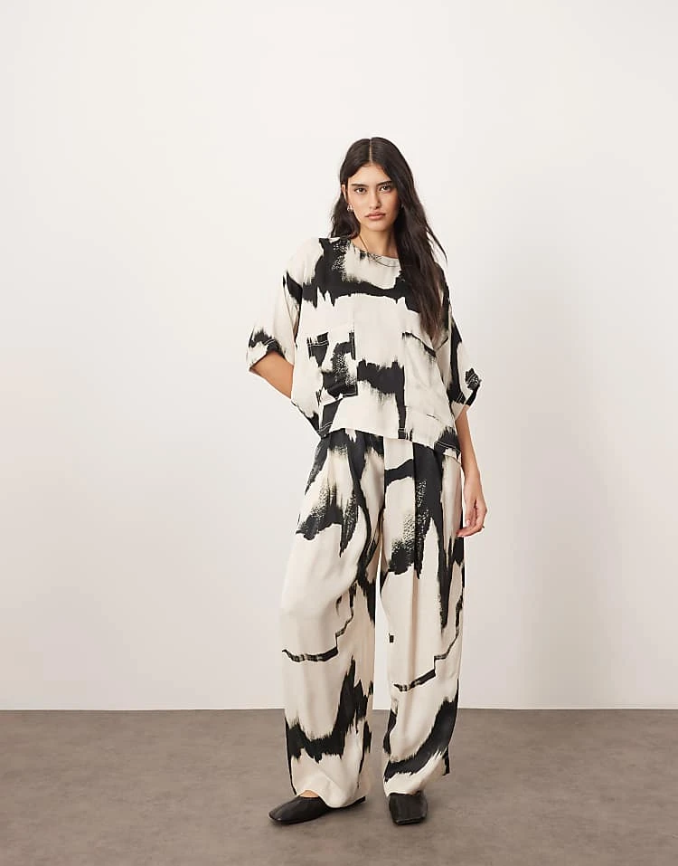 ARRANGE Satin Oversized T-shirt And Trouser Co-ord In Mono Abstract Print 3 ARRANGE Satin Oversized T-shirt And Trouser Co-ord In Mono Abstract Print