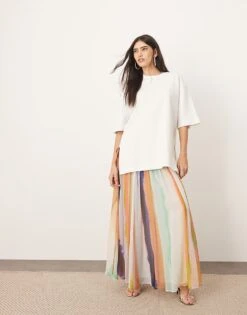 ARRANGE Tiered Maxi Skirt With Tie Waist In Blurred Stripe For Women -ARANG Clothing Shop 207621848 1 blurredstripe 1
