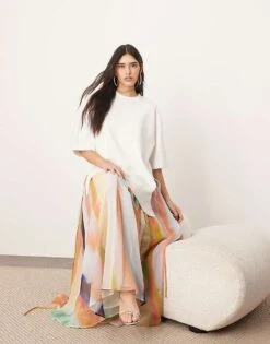 ARRANGE Tiered Maxi Skirt With Tie Waist In Blurred Stripe For Women -ARANG Clothing Shop 207621848 3