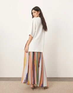 ARRANGE Tiered Maxi Skirt With Tie Waist In Blurred Stripe For Women -ARANG Clothing Shop 207621848 4