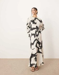 ARRANGE Ruffle Open Back Long Sleeve Maxi Dress In Mono Abstract Print For Women