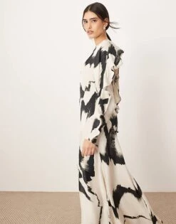 ARRANGE Ruffle Open Back Long Sleeve Maxi Dress In Mono Abstract Print For Women -ARANG Clothing Shop 207621867 3