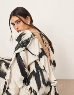 ARRANGE Ruffle Open Back Long Sleeve Maxi Dress In Mono Abstract Print For Women -ARANG Clothing Shop 207621867 4