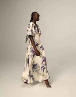 ARRANGE Modern 30's Maxi Satin Dress With Shoulder Pad In Blurred Floral For Women -ARANG Clothing Shop 207639648 1 blurredfloral 1