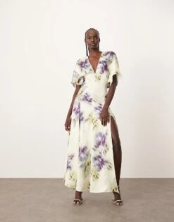 ARRANGE Modern 30's Maxi Satin Dress With Shoulder Pad In Blurred Floral For Women -ARANG Clothing Shop 207639648 3