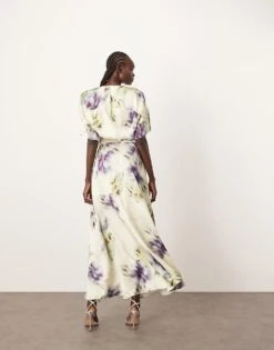 ARRANGE Modern 30's Maxi Satin Dress With Shoulder Pad In Blurred Floral For Women -ARANG Clothing Shop 207639648 4