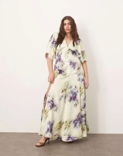 ARRANGE Curve Modern 30's Maxi Satin Dress With Shoulder Pad In Blurred Floral For Women -ARANG Clothing Shop 207639708 1 blurredfloral 1