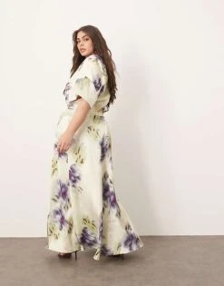ARRANGE Curve Modern 30's Maxi Satin Dress With Shoulder Pad In Blurred Floral For Women -ARANG Clothing Shop 207639708 3